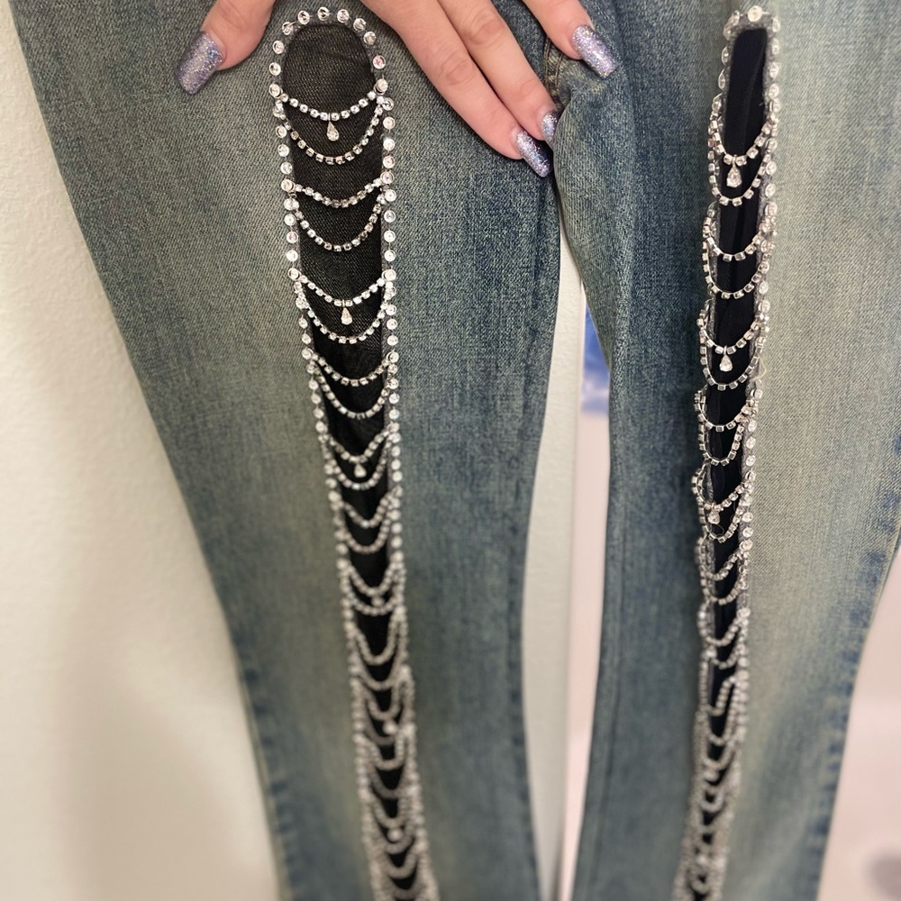 ONE-OF-A-KIND SWAROVSKI- adorned John Richmond Designer Denim Jeans Size 26! - Picture 6 of 10